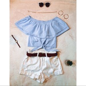 Off-the-shoulder Blue Pinstripe Blouse